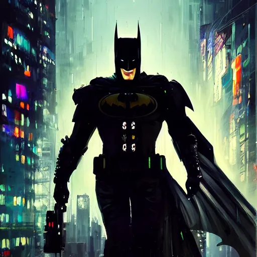 Image similar to cyberpunk batman, futuristic, brush strokes, oil painting, city background, greg rutkowski