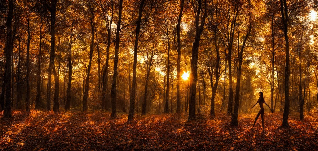 Image similar to bodyscapes. intense promiseful happiness, autumn sunrise warm hdri forest light