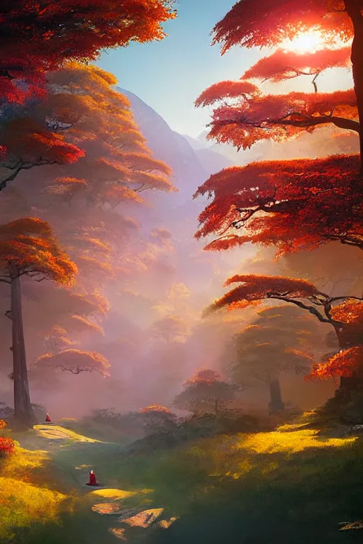 Prompt: traditional elegant delicate Japanese Torii in a colorful magic moutain with trees ,morning , sunshine ,by Grzegorz Rutkowski, concept art