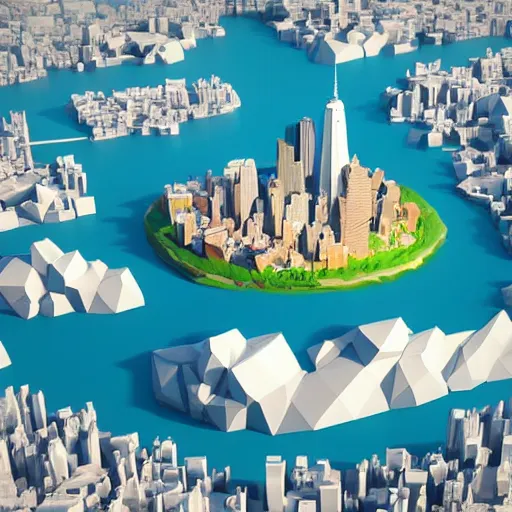 Prompt: floating island with new york city in the sky, low poly, isometric art, 3d art, high detail, artstation, concept art, behance, ray tracing, smooth, sharp focus, ethereal lighting