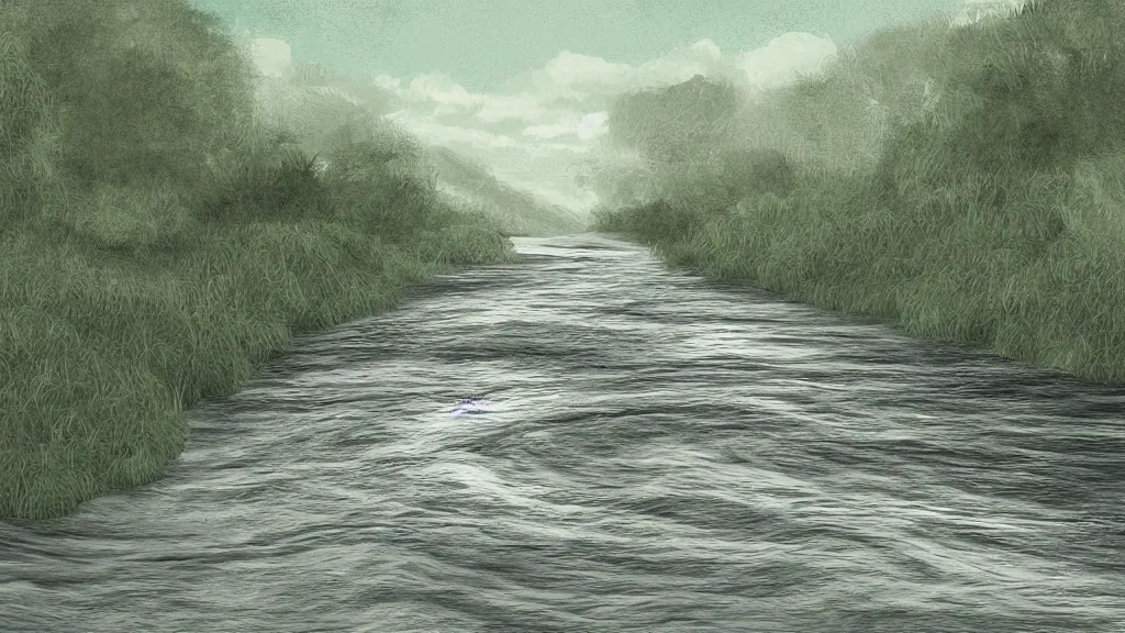 Prompt: digital painting of a river with ( ( books ) ) inside of it,