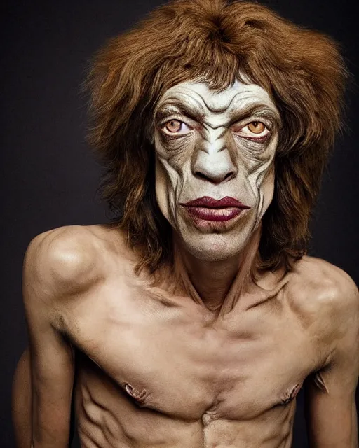 Prompt: actor Mick Jagger in Elaborate Pan Satyr Goat Man Makeup and prosthetics designed by Rick Baker, Hyperreal, Head Shots Photographed in the Style of Annie Leibovitz, Studio Lighting