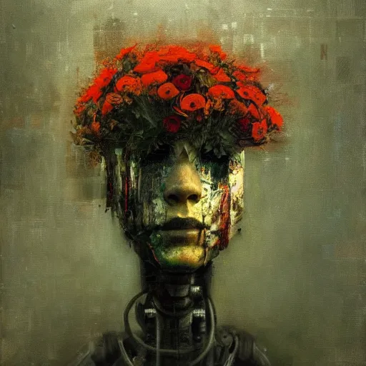 Prompt: a painting by jeremy mann of a robot head with flowers growing out, highly detailed, color bleeding, pixel sorting, plain black background, studio lighting