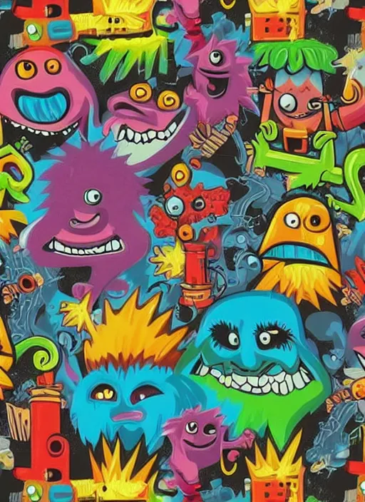 Image similar to beautiful graffiti monsters with a cannon for arm black background paper