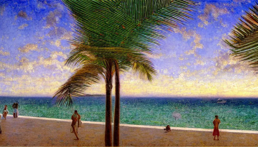 Prompt: a ultradetailed beautiful painting of the thunderstorm sky of the amazonas beach palace balustrade designed by jules bastien - lepage, tarsila do amaral, frank weston and gustave baumann, beach, trending on artstation, mediterranean, palm trees, sharp focus, colorful refracted sparkles and lines, soft light, 8 k 4 k