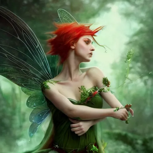 Prompt: beautiful fairy with green eyes and red hair, realistic, 8 k, extremely detailed, cgi, trending on artstation, hyper - realistic render, 4 k hd wallpaper, premium prints available, by greg rutkowski