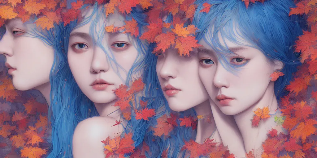 Image similar to breathtaking detailed concept art painting pattern of blue hair faces goddesses amalgamation autumn leaves with anxious piercing eyes, by hsiao - ron cheng and james jean, pastel colors, bizarre compositions, exquisite detail, 8 k