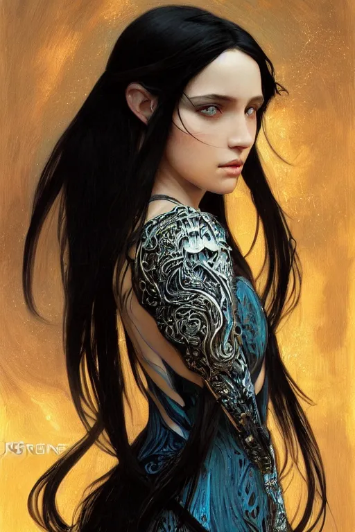 Image similar to portrait of teenage girl with long glossy black hair, blue eyes, glowing skin, fashion model features, fantasy, intricate, elegant, black dress, highly detailed, digital painting, artstation, concept art, smooth, sharp focus, illustration, art by Krenz Cushart and Artem Demura and alphonse mucha