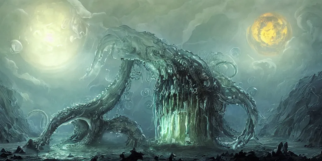 Image similar to concept art of giant translucent glowing jellyfishes, lovecraftian, lots of teeth, melting horror, round moon, rich clouds, fighting the horrors of the unknown, high resolution, very detailed, roaring, volumetric light, mist, grim, fine art, decaying, textured oil over canvas, epic fantasy art, very colorful, ornate, anato finnstark