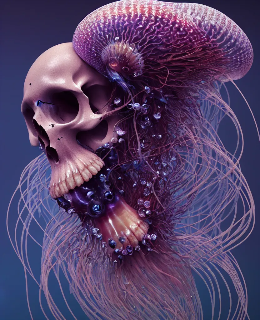 Image similar to goddess close-up portrait animal skull. jellyfish phoenix head, nautilus, orchid, skull, betta fish, bioluminiscent creatures, intricate artwork by Tooth Wu and wlop and beeple. octane render, trending on artstation, greg rutkowski very coherent symmetrical artwork. cinematic, hyper realism, high detail, octane render, 8k