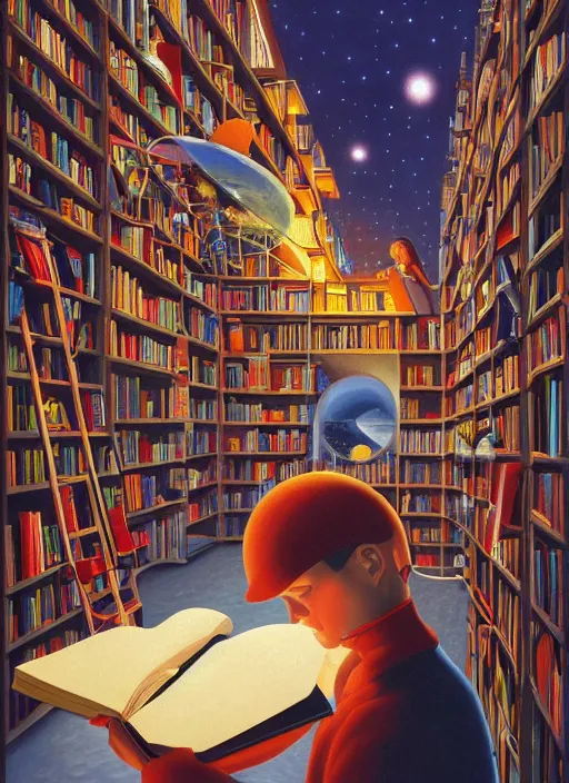 Prompt: a barnes and noble books, vintage shapes, retro technology, happy colors. rob gonsalves, oil on canvas, deep depth field, masterpiece, cinematic composition, hyperdetailed