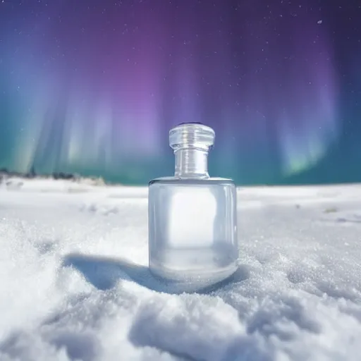 Image similar to perfume bottle buried in the snow under the northern lights