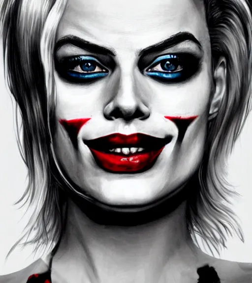 Prompt: a realism drawing of margot robbie as harley quinn with joker makeup, in the style of den yakovlev, realistic face, black and white, realism, hyper realistic, highly detailed