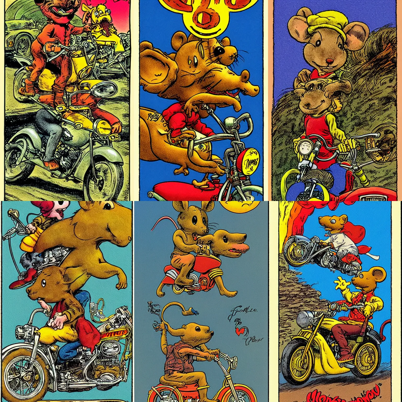 Prompt: a mouse in motorcycle, over the rainbow by Robert Crumb and Frank Frazetta, tarot card