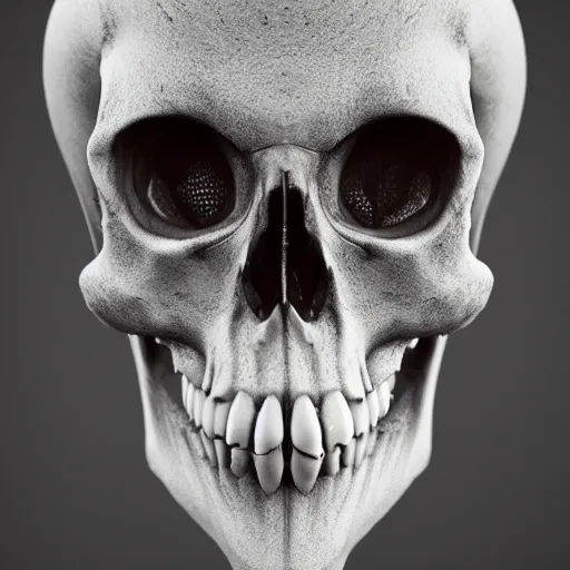 Image similar to realistic photo of a skull of a weird alien creature, intricate, bones, photorealistic, ultra detailed, realistic, 35mm, photography, octane, high definition, depth of field, bokeh, 8k, artstation