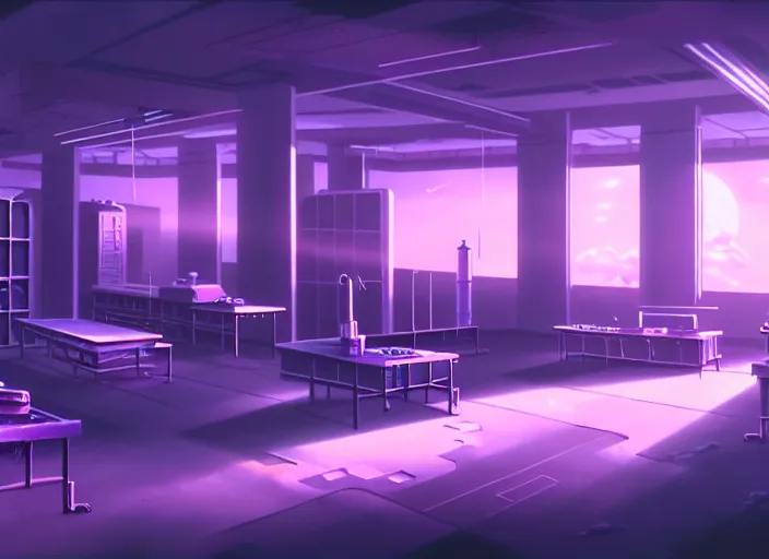 Prompt: a matte painting of a vast sci - fi lab, vaporwave aesthetic, toei animation background, sharp details, cinematic color grading, spooky, halloween