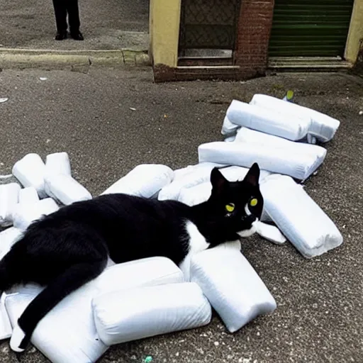 Image similar to A tuxedo cat lying on top of a pile of narcotics seized by the authorities with the police in the back, photo from the police