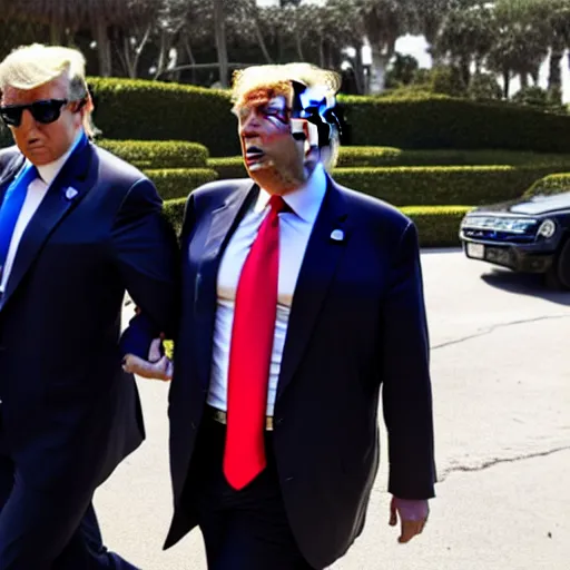 Prompt: Donald Trump in handcuffs escorted by two FBI agents at Mar-a-lago, photo, low angle