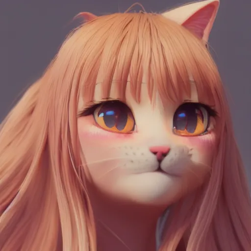 Prompt: Render of a beautiful 3d anime cat, long pink hair, hazel eyes, cute freckles, full round face, soft smile, cute sundress, golden hour, serene beach setting, medium shot, mid-shot, hyperdetailed, trending on Artstation, Unreal Engine 4k