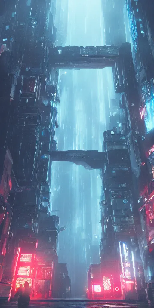 Image similar to mysterious stronghold entrance, cyberpunk, blade runner, artstation contest winner. cinematic paint