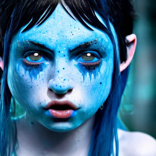 Image similar to a dnd Triton girl with blue skin and messy black hair in a pantry eating an apple, a little blue-skinned girl with messy black hair sharp pointed ears freckles along the ridges of her cheeks, dnd triton, high resolution film still, 4k, HDR colors