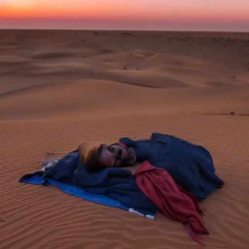 Prompt: a photo of Ghandi sleeping rough in the Sahara during sunrise, perfect lighting