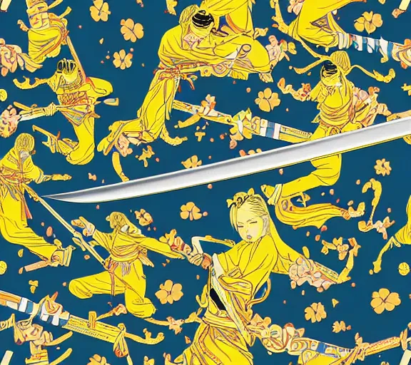 Prompt: breathtaking detailed pattern pastel colors, cinematic action scene from kill bill, with uma thurman in yellow kimono, swinging katana sword, traditional japanese art, exquisite detail, enhanced eye detail