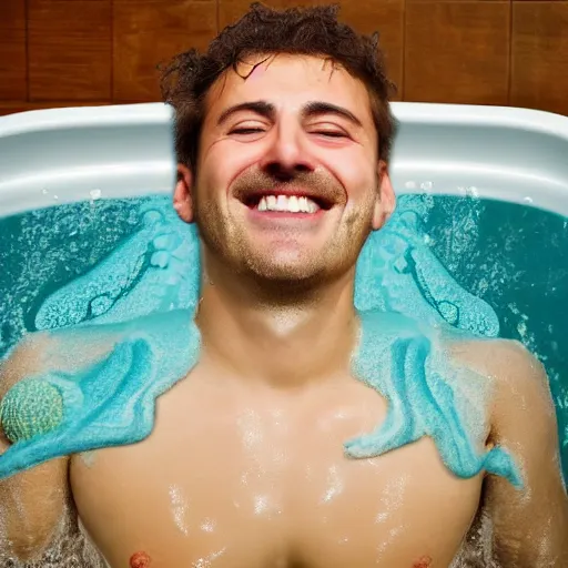 Prompt: photo of a smiling man in the bath looking at the viewer embarrassed because he was caught, there's a real octopus hugging his chest, highly detailed, facial accuracy, 4 k