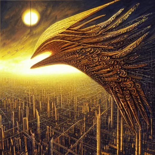 Image similar to winged kaiju attacks the city, atmospheric lighting, painted, intricate, golden hour, ultra detailed by peter gric, giger, enki bilal