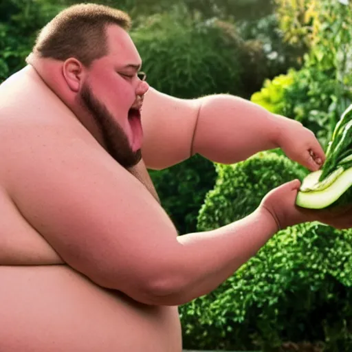 Image similar to a photo of a fat man in a swimsuit aggressively smashing a giant vegetable