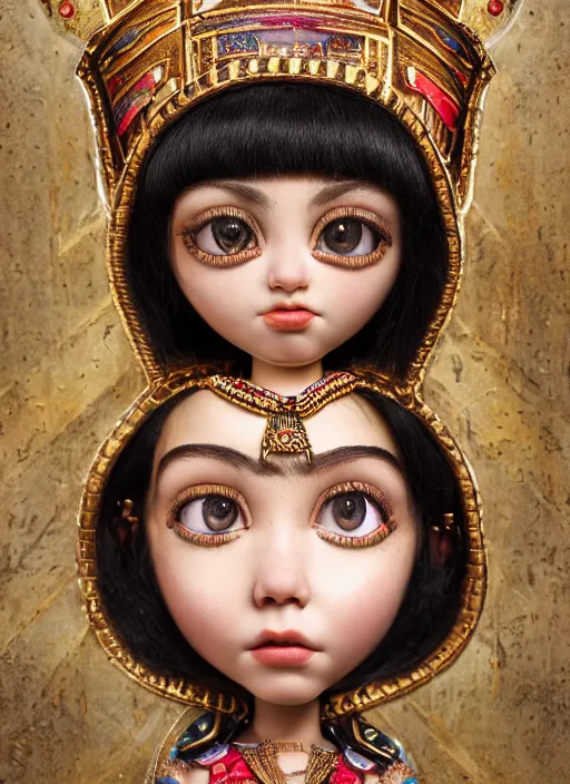 Image similar to closeup portrait of tin toy cleopatra bikin girl trap, depth of field, zeiss lens, detailed, symmetrical, centered, fashion photoshoot, by nicoletta ceccoli, mark ryden, lostfish, breathtaking, 8 k resolution, extremely detailed, beautiful, establishing shot, artistic, hyperrealistic, octane render