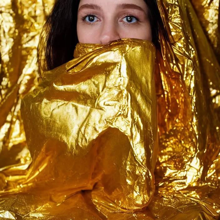 Prompt: a color photograph, closeup portrait of a woman wrapped in a gold mylar foil blanket, sitting in an abandoned coffee shop, color photograph, by vincent desiderio, canon eos c 3 0 0, ƒ 1. 8, 3 5 mm, 8 k, medium - format print