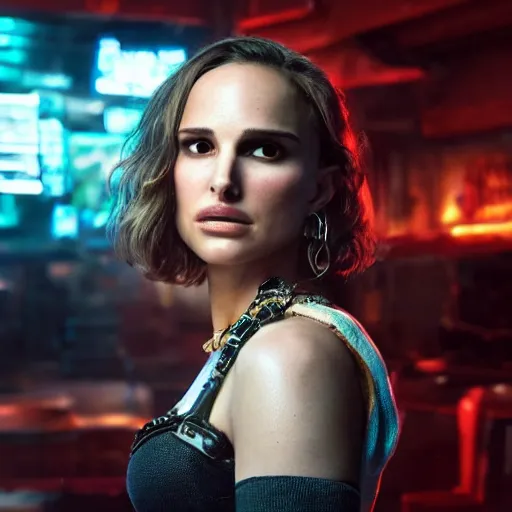 Image similar to a high quality portrait of natalie portman as a pirate in a cyberpunk cyberpunk cyberpunk cafe, realism, 8k, award winning photo