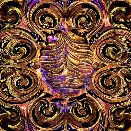 Prompt: Art Nouveau cresting oil slick waves, hyperdetailed bubbles in a shiny iridescent oil slick wave, ornate copper patina medieval ornament, rococo, baroque spirals