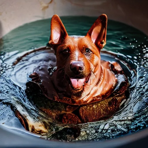 Image similar to photo of dog swimming inside tub of chocolate pudding