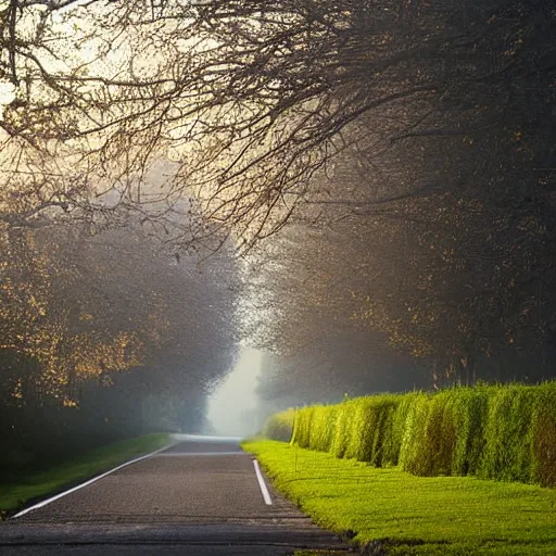 Prompt: Beautiful cameraphone, soft Photograph estate road at early morning, hedge