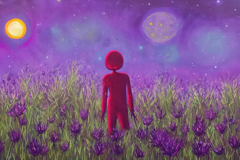 Image similar to a oil painting of a extraterrestrial alien lost in a meadow, tall plants, purple lighting, night sky, glows, moonlight,