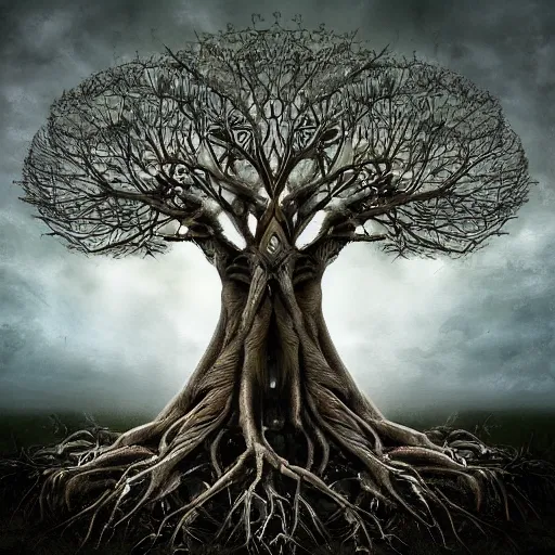 Prompt: tree of life, intricate roots, by tim burton, by Wlop