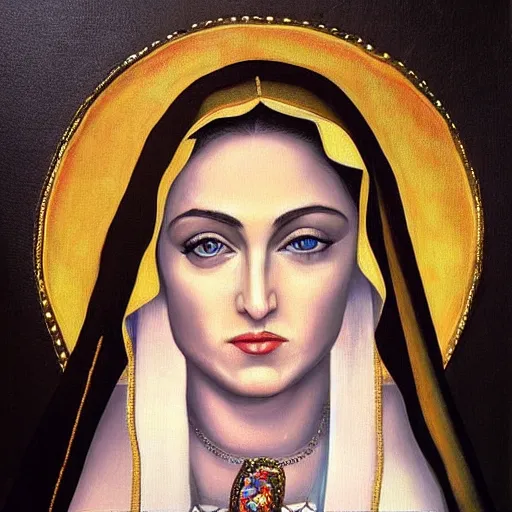Prompt: Madonna Ciccone as the Virgencita, oil painting, high detail, beautiful