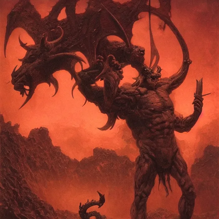 Image similar to horned demon berserker, muscular body, demon, balrog, beksinski