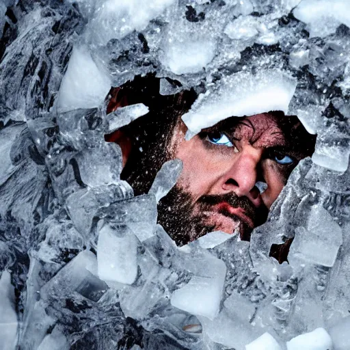 Image similar to caveman encased in a huge block of ice. national geographic. contest winning. trapped, stuck, fixed, immobile, surrounded, snowy