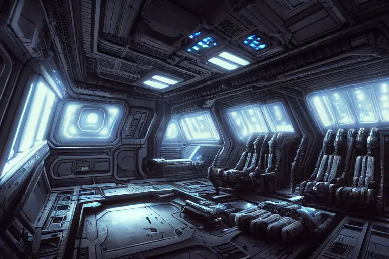 Prompt: Nostromo spaceship interior from ((Alien)) by HR Giger, highly detailed intricate interior design, sharp focus, smooth, 4k, octane render, dark ambient lighting, digital painting, artstation