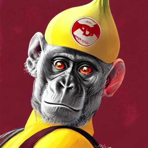 Image similar to [Monkey as president of Banana as GTA character, propaganda!, closeup, D&D, intricate, elegant, highly detailed, digital painting, artstation, concept art, matte, sharp focus, illustration, art by Artgerm and Greg Rutkowski and Alphonse Mucha and Enki Bilal]