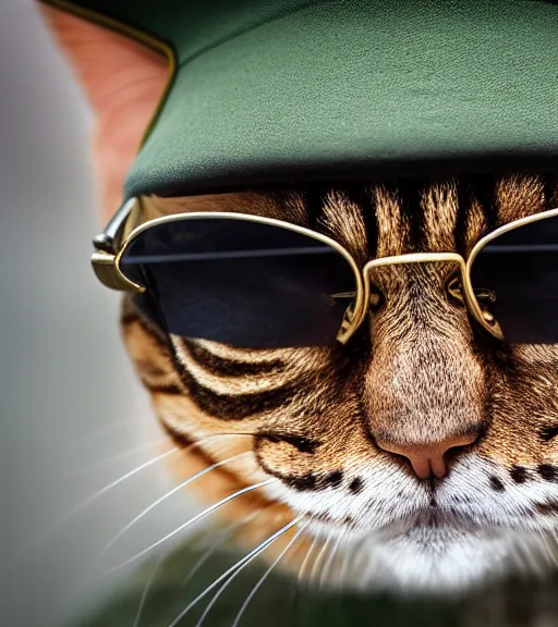 Image similar to award winning 5 5 mm close up portrait color photo of an admiral cat in full military outfit and aviators, in a park by luis royo. soft light. sony a 7 r iv