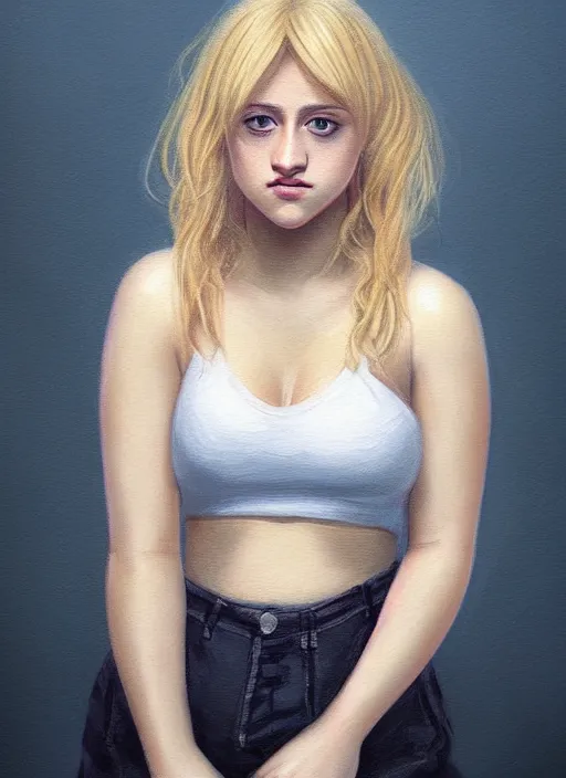 Image similar to full body portrait, teenage lili reinhart, blonde hair, obese, bangs, ponytail, sultry, realistic, sultry smirk, fluffy bangs, curly bangs, fat, belly, intricate, elegant, highly detailed, digital painting, artstation, concept art, smooth, sharp focus, illustration, art by wlop, mars ravelo and greg rutkowski