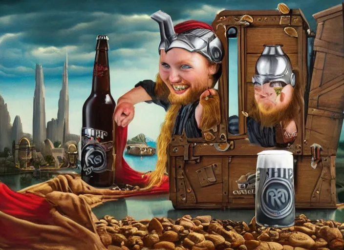 Image similar to thor inside a beer, lowbrow, matte painting, 3 - d highly detailed, in the style of mark ryden,