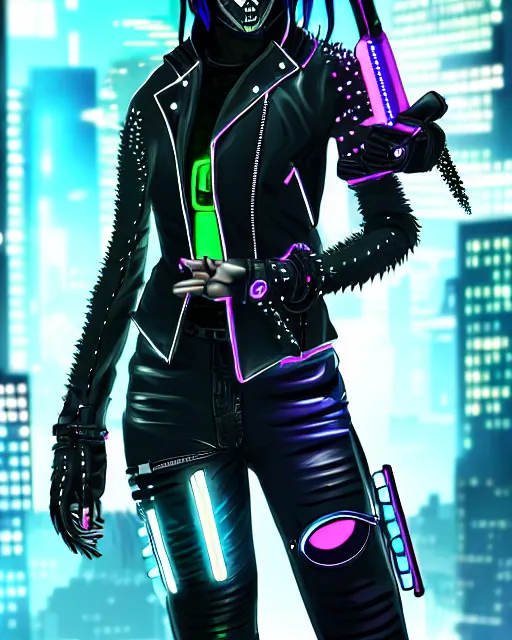 Image similar to concept art of a cyber punk girl wearing a black leather jacket with neon spikes, wearing a futuristic biker helmet, holding a futurstic cyberpunk weapon, standing in a busy cyberpunk city center | | epic - fine - trending on artstation, brush strokes