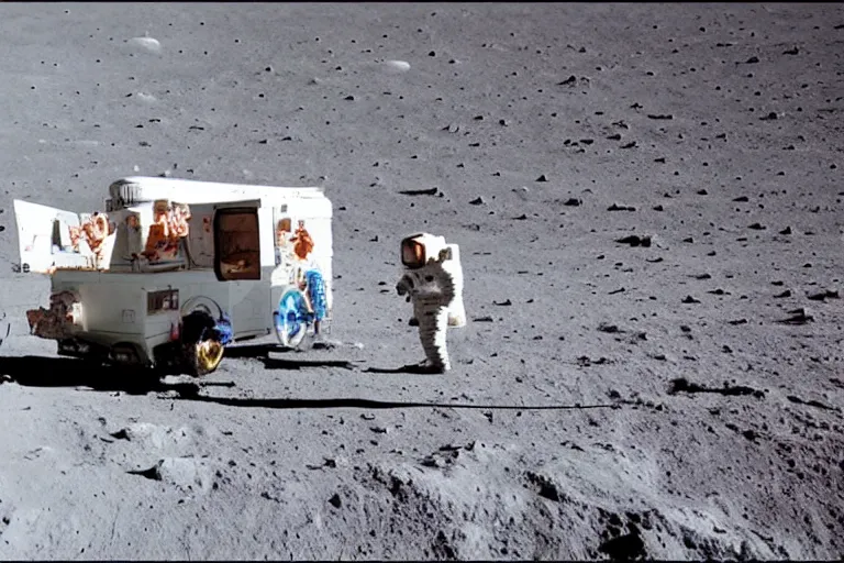 Image similar to ice cream truck on the moon, line of astronauts waiting