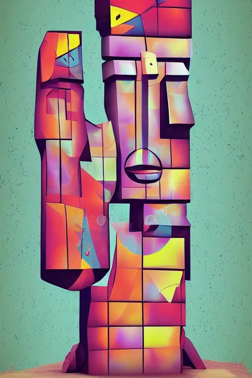 Image similar to cubist moai statue cutout digital illustration cartoon colorful beeple