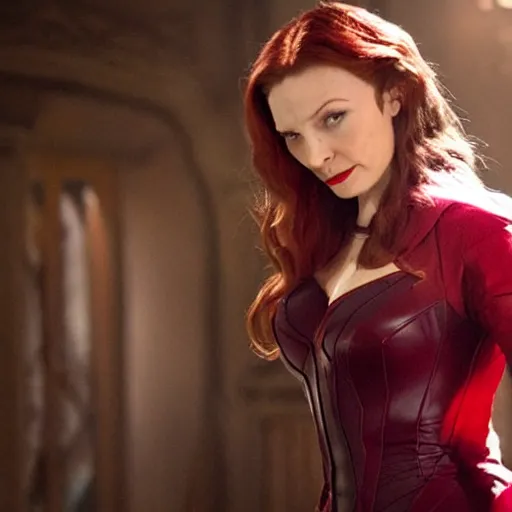 Prompt: epic movie still of Michelle Mylett as the Scarlett witch